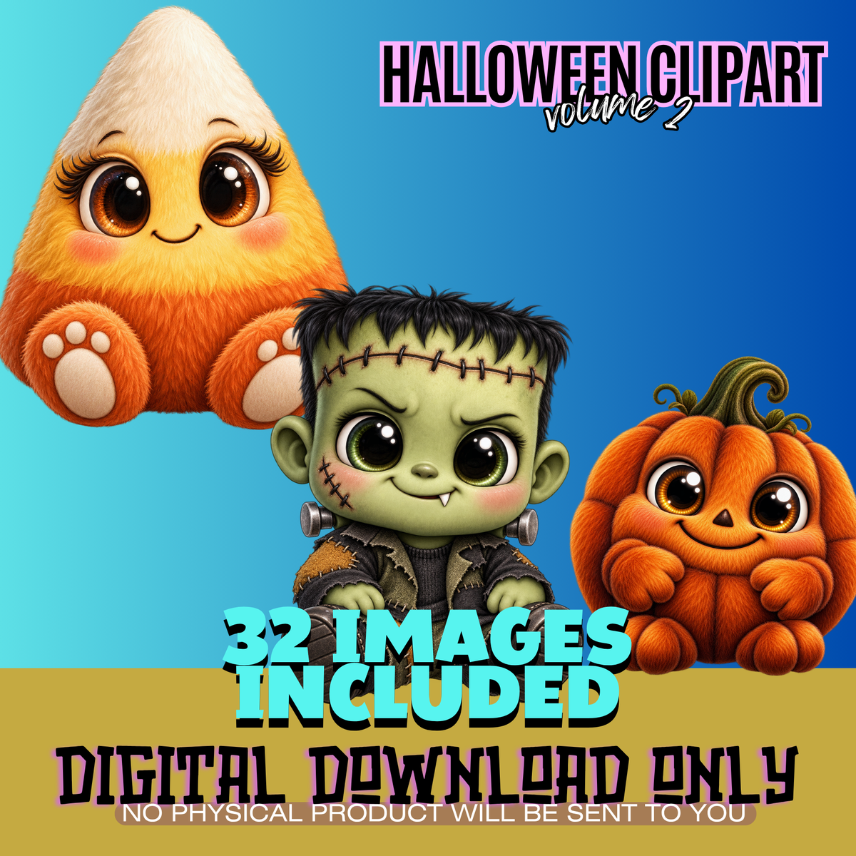 Cute Halloween Clipart Bundle Volume 2| 32 Watercolor PNG Images, Ghost Bat Fox Candy Corn Pumpkin, Transparent Background, Instant Download