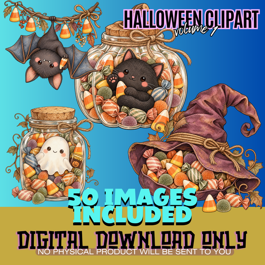 Cute Halloween Clipart Bundle Volume 1| 50 Watercolor PNG Images, Ghost Bat Fox Candy Corn Pumpkin, Transparent Background, Instant Download
