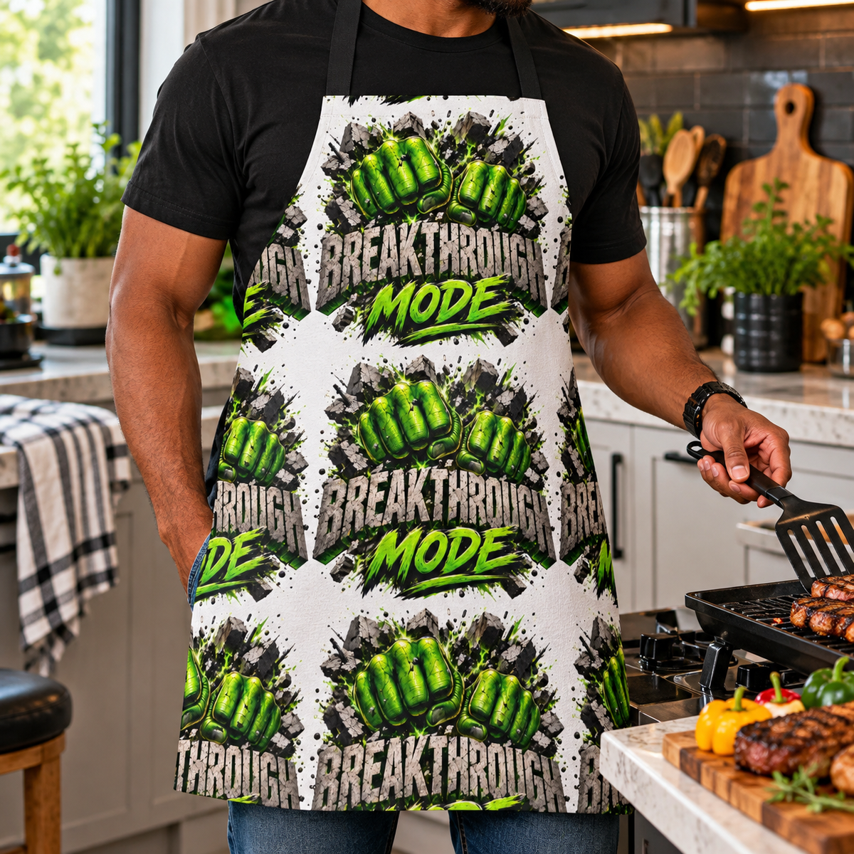 Breakthrough Mode Apron — Green Fist Graphic Kitchen Apron