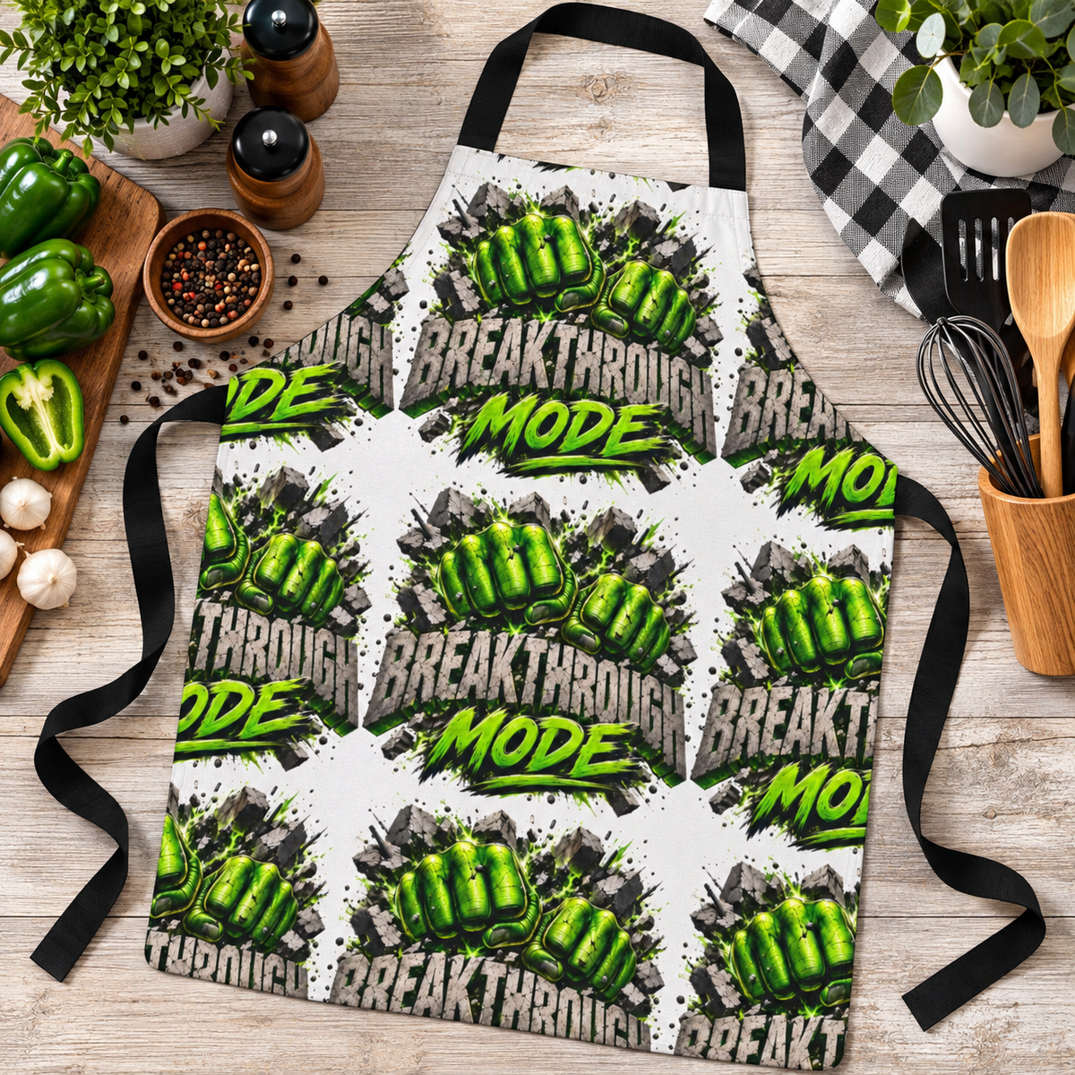 Breakthrough Mode Apron — Green Fist Graphic Kitchen Apron